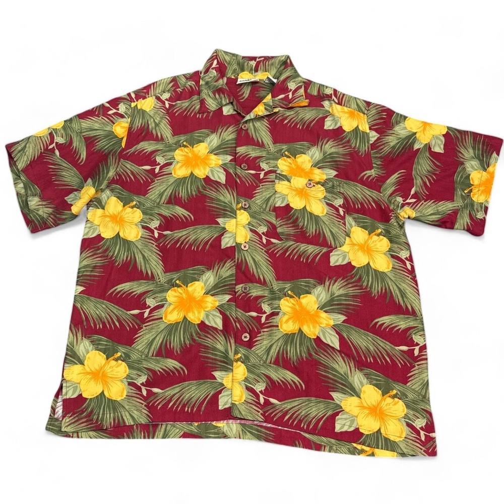 Vintage Ron Jon Surf Shop Hawaiian Shirt Mens Size XL Red Yellow Floral Casual